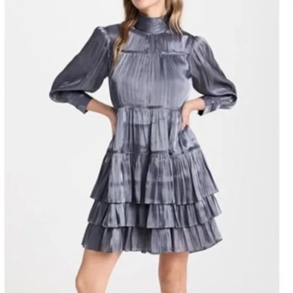 Cinq a Sept Riva Tiered Satin Plisse Mini-Dress Size 4 Slate Gray New With Tags